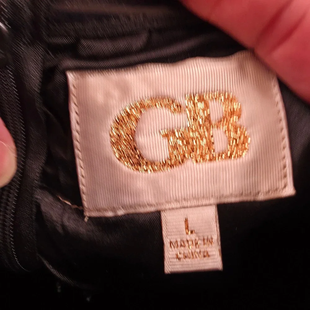 GB Sequin Bodice Strapless Dress Womens Large Black Gold Geometric Mini Cocktail